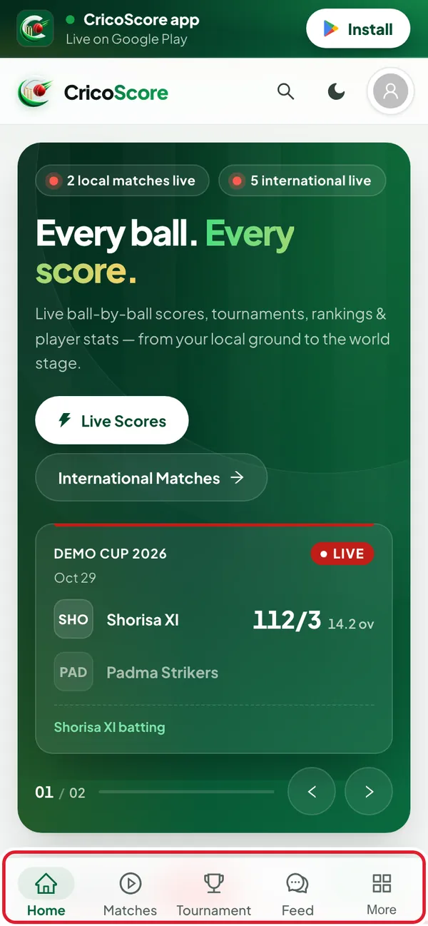 The CricoScore website on a phone. The bottom bar with Home, Matches, Tournament, Feed and More is circled.