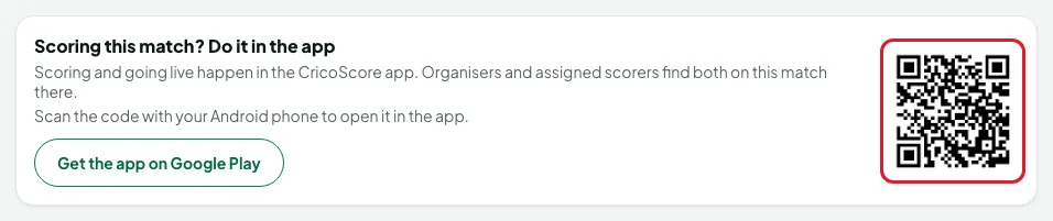The app card on a match page on a computer, with its QR code circled.