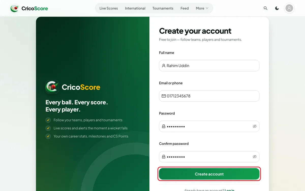 The Create your account page on a computer, filled in with the name Rahim Uddin, the phone number 01712345678 and a password. The Create account button is circled.