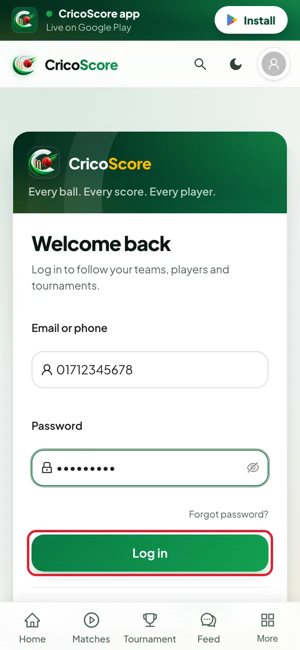 The Welcome back page on a phone, with the phone number 01712345678 and a password typed in. The Log in button is circled.
