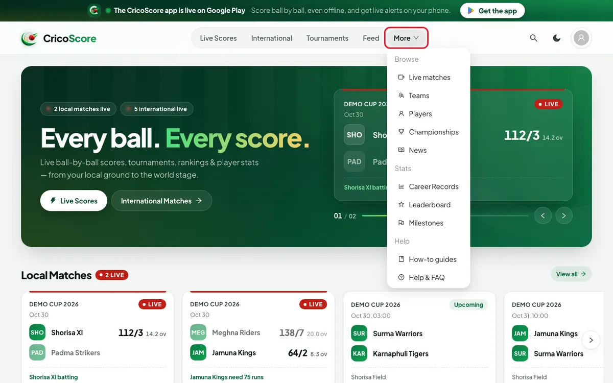 The home page on a computer with the More menu open, showing Browse (Live matches, Teams, Players, Championships, News) and Stats (Career Records, Leaderboard, Milestones). More is circled.