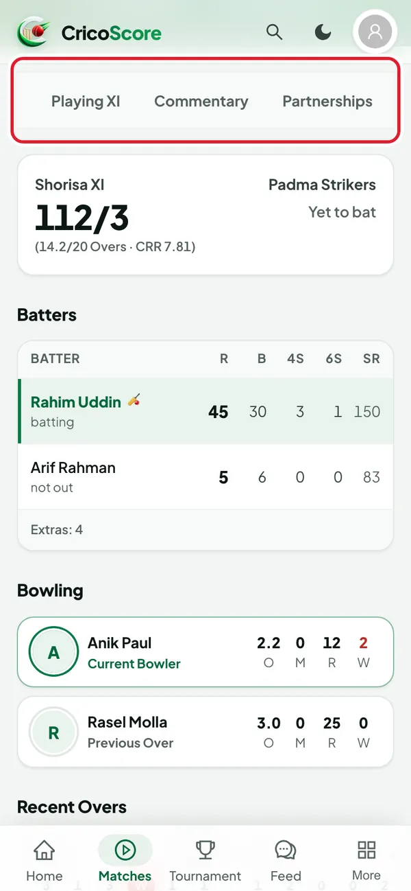 The row of tabs under the score on a phone, scrolled part of the way. The tab row is circled.
