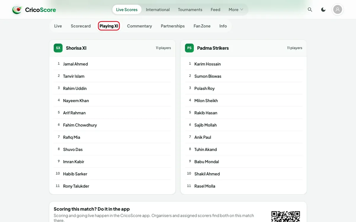 The Playing XI tab on a computer, listing the players of Shorisa XI and Padma Strikers. Playing XI is circled.