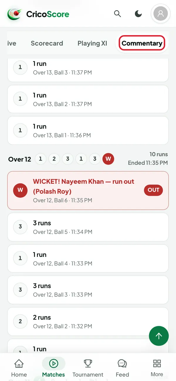 The Commentary tab on a phone, ball by ball, with a wicket marked OUT. Commentary is circled.