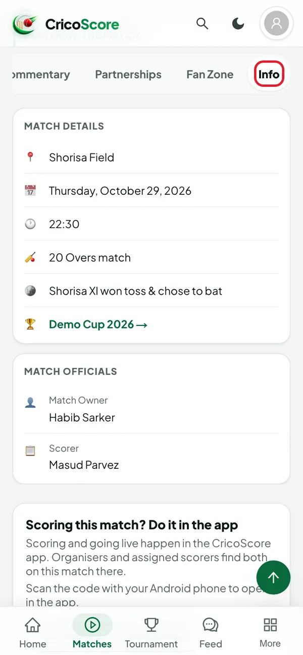 The Info tab on a phone, with Match details and Match officials. Info is circled.