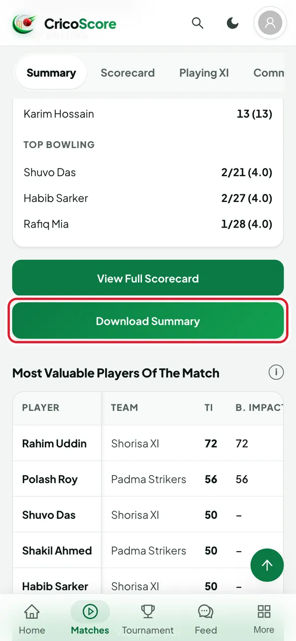 The Summary tab on a phone, under the innings cards. The Download Summary button is circled.