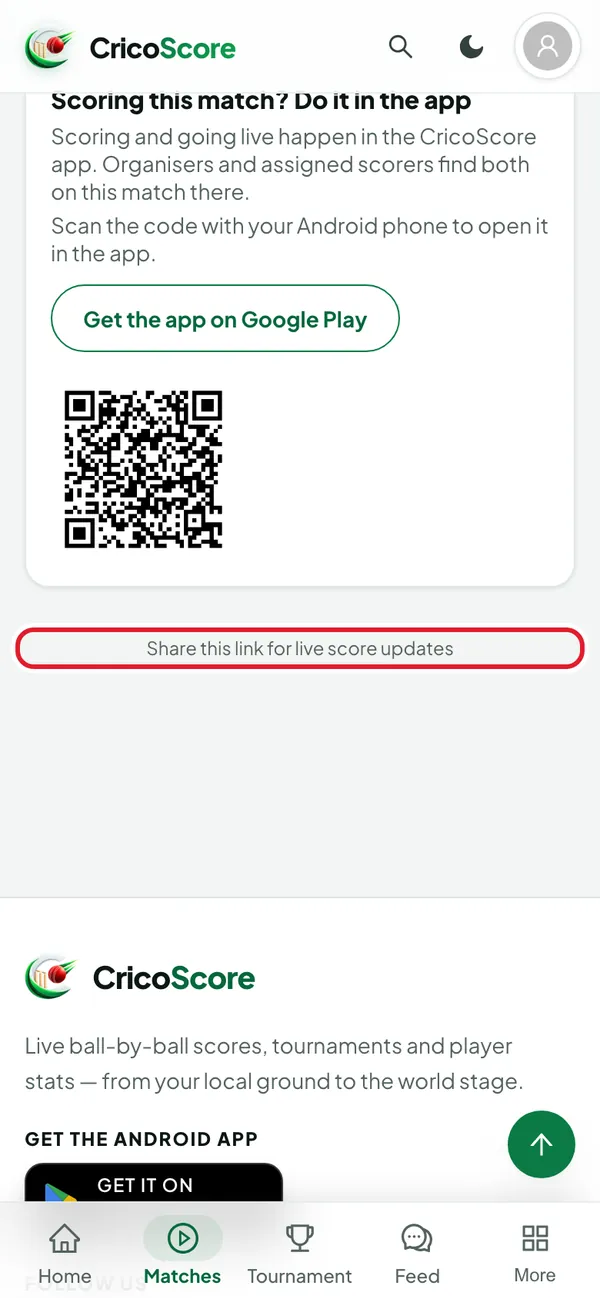 The end of the live demo match page on a phone, with the line "Share this link for live score updates" circled.