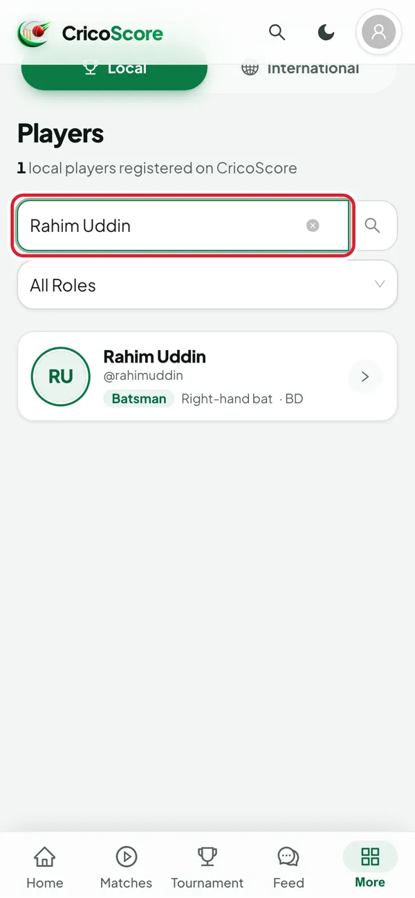The Players list on a phone with "Rahim Uddin" typed in the search box and Rahim Uddin @rahimuddin below. The search box is circled.