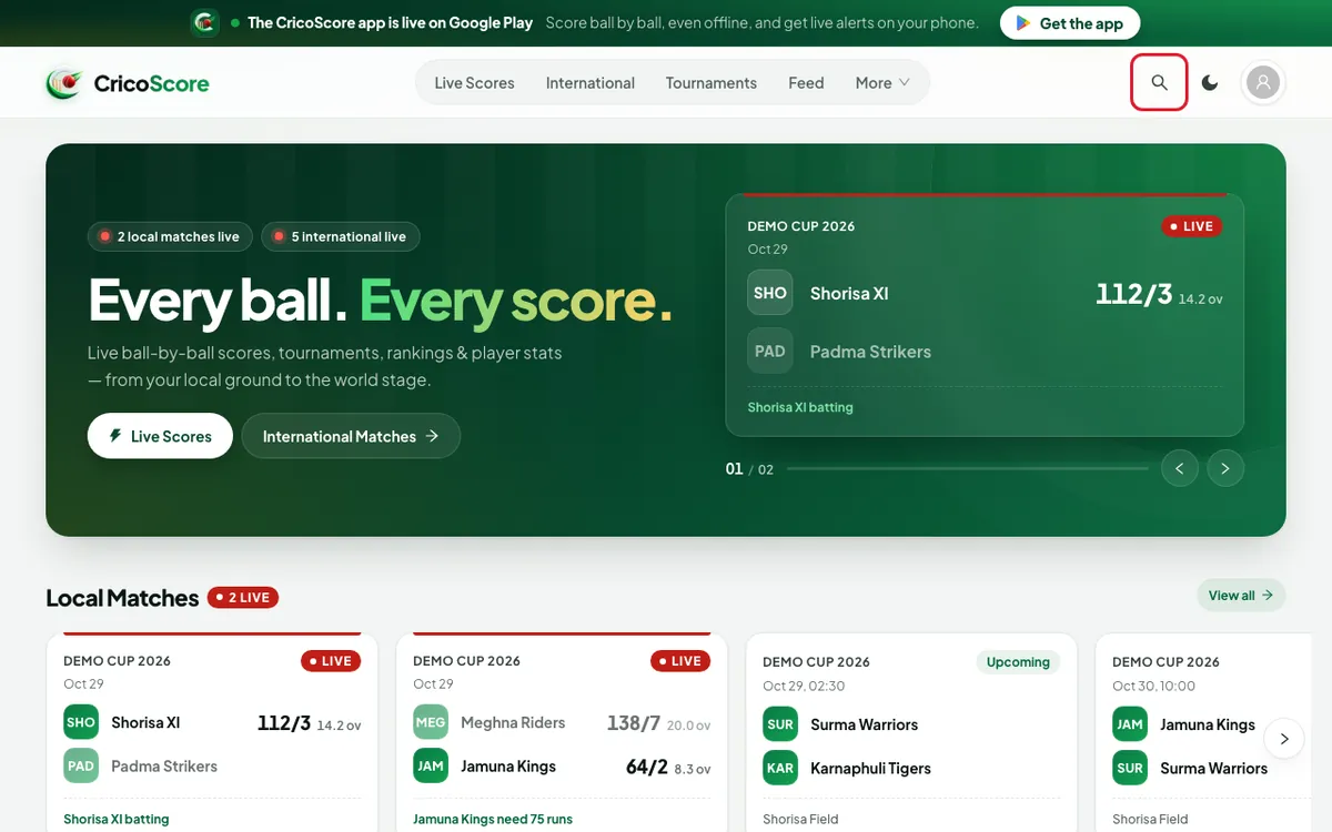 The top of the CricoScore home page on a computer. The search icon at the top right is circled.
