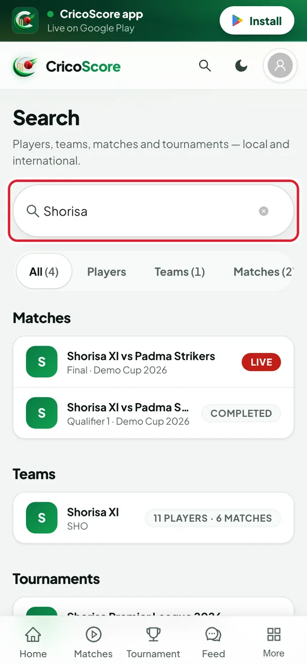 The Search page on a phone with "Shorisa" typed in the box and results below. The search box is circled.