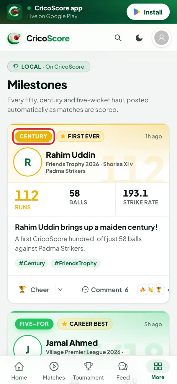 The Milestones page on a phone with a card for Rahim Uddin’s century. The Century tag at the top of the card is circled.