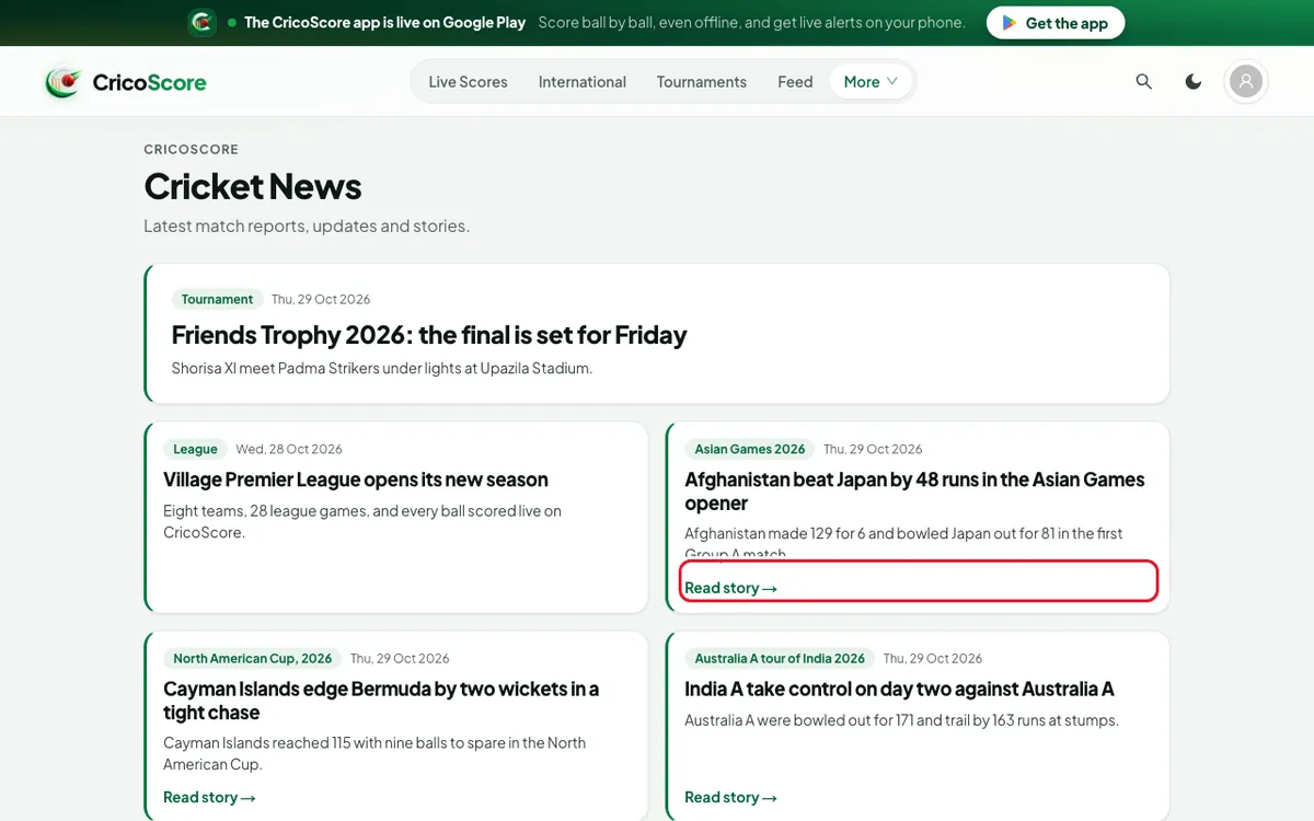 The Cricket News page on a computer with local news and world cricket stories. Read story on the first world cricket story is circled.