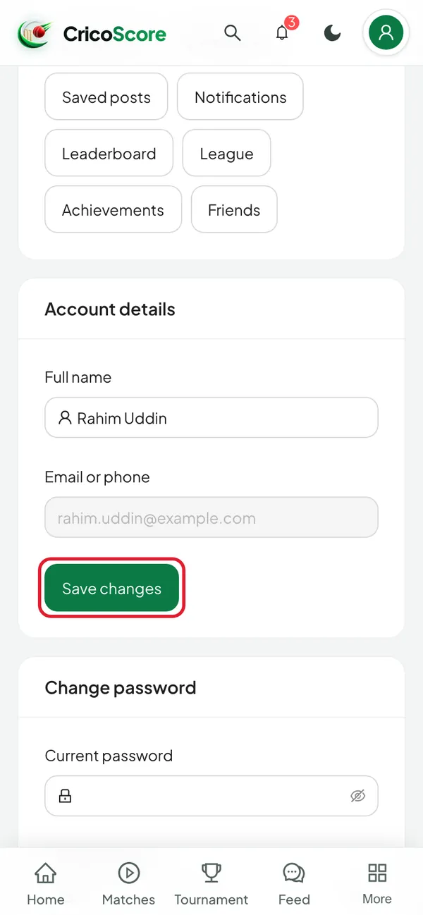 The Account details card on a phone, with the full name Rahim Uddin. The Save changes button is circled.