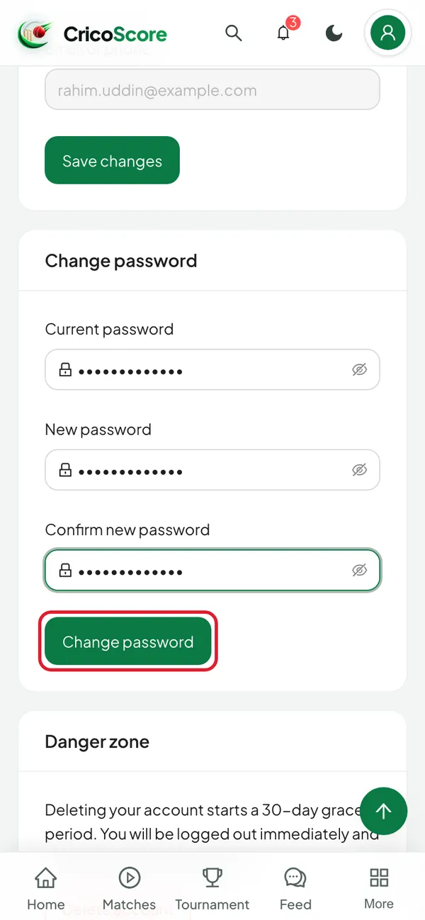 The Change password card on a phone, with all three password boxes filled with dots. The Change password button is circled.