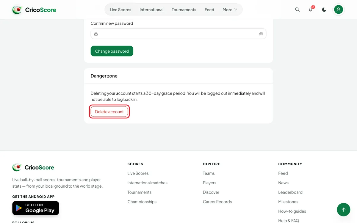 The Danger zone card at the bottom of the account page on a computer. The Delete account button is circled.