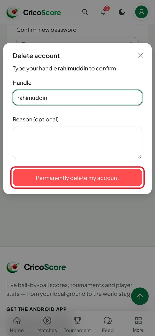 The Delete account box on a phone, with the username rahimuddin typed in the Handle box. The Permanently delete my account button is circled.