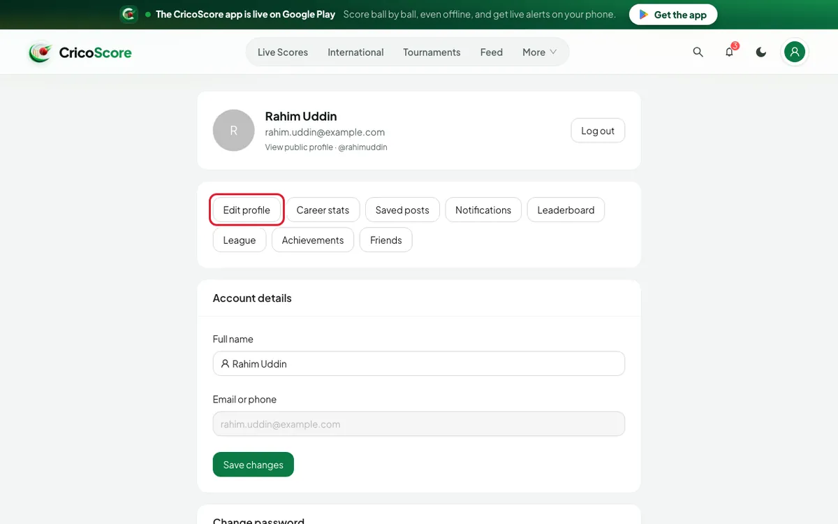 The My account page on a computer for Rahim Uddin, with the Edit profile button circled.