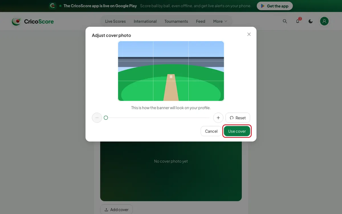 The Adjust cover photo box on a computer, with a drawn cricket ground picture. The Use cover button is circled.