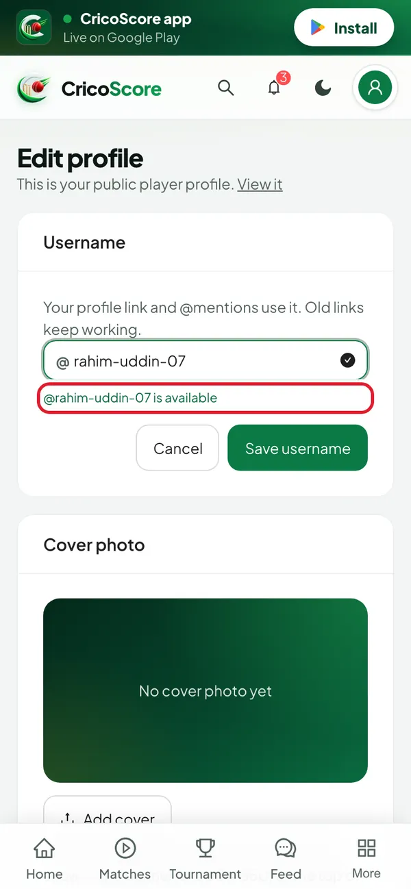 The Username card on a phone, with rahim-uddin-07 typed, a tick and the message that @rahim-uddin-07 is available. The green message is circled.