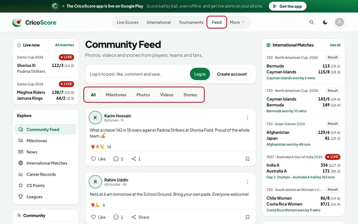 The Community Feed page on a computer, with posts from Karim Hossain and Rahim Uddin. Feed in the top menu and the All, Milestones, Photos, Videos and Stories buttons are circled.