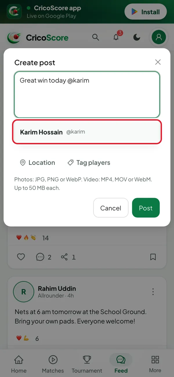 The Create post box on a phone with "Great win today @karim" typed. The name list under it shows Karim Hossain, which is circled.