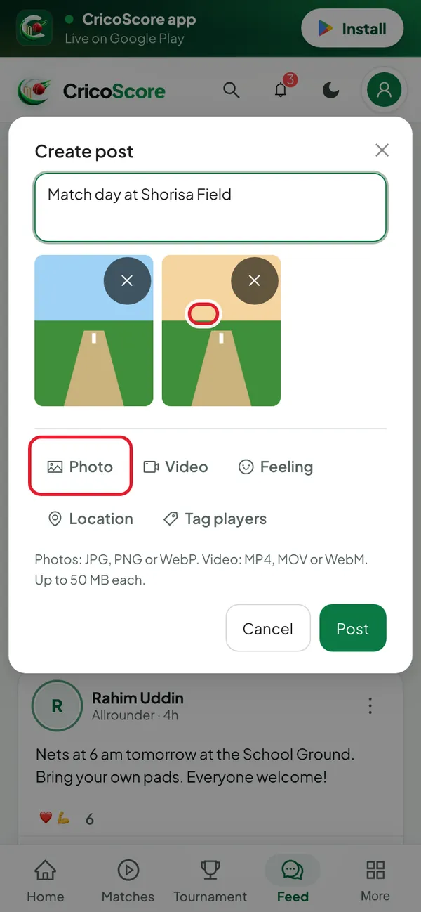 The Create post box on a phone with two photos attached. The Photo and Video buttons are circled.