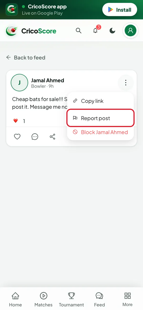 A post by Jamal Ahmed on a phone with its menu open: Copy link, Report post and Block Jamal Ahmed. Report post is circled.