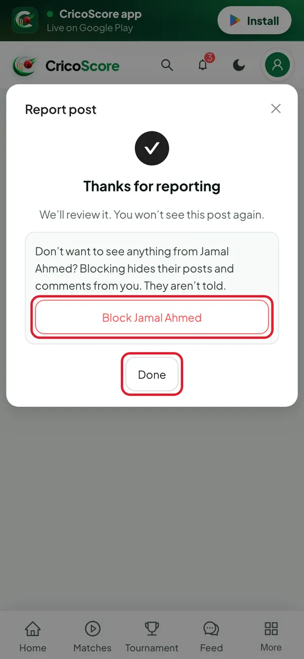 The Thanks for reporting box on a phone. The Block Jamal Ahmed button and the Done button are circled.