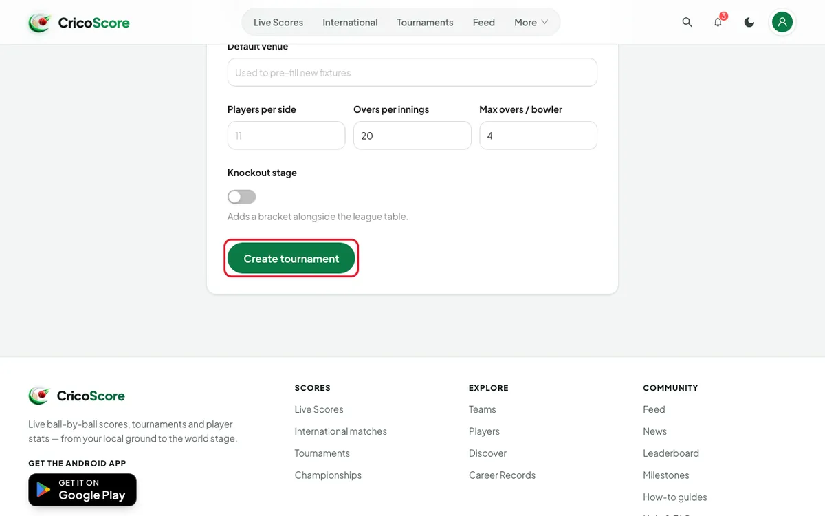 The New tournament form filled in with the name Demo Cup 2026 and the format T20. The Create tournament button is circled.