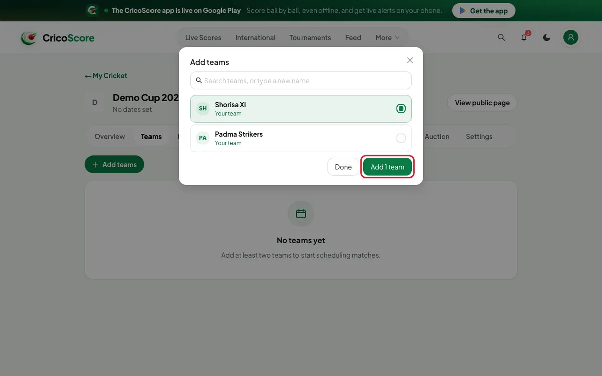 The Add teams box with Shorisa XI ticked. The Add 1 team button is circled.