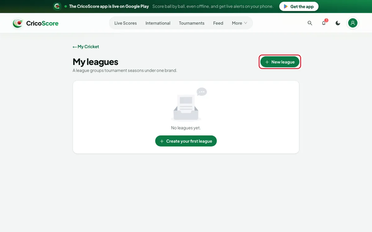 The My leagues page with no leagues yet. The New league button at the top is circled.