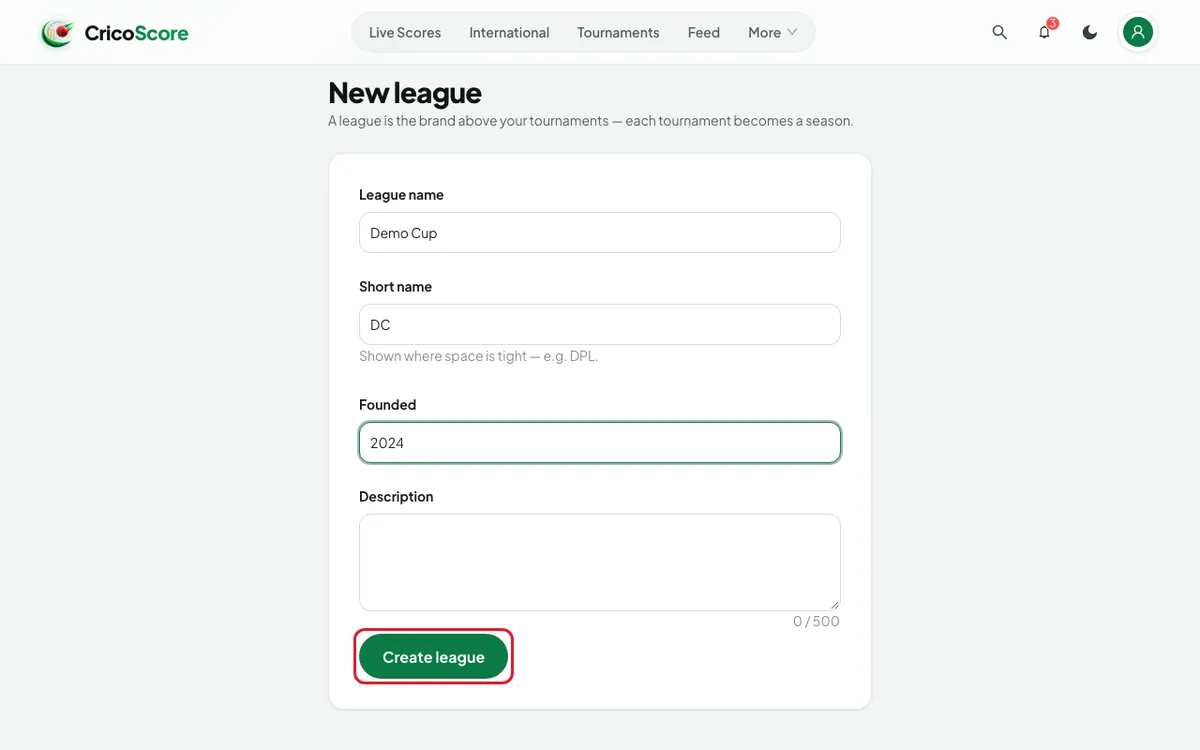 The New league form filled in with the name Demo Cup, the short name DC and the year 2024. The Create league button is circled.