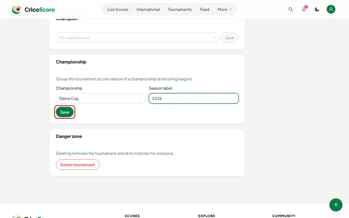 The Championship card on the Settings tab with Demo Cup chosen and the season label 2026 typed. The Save button is circled.