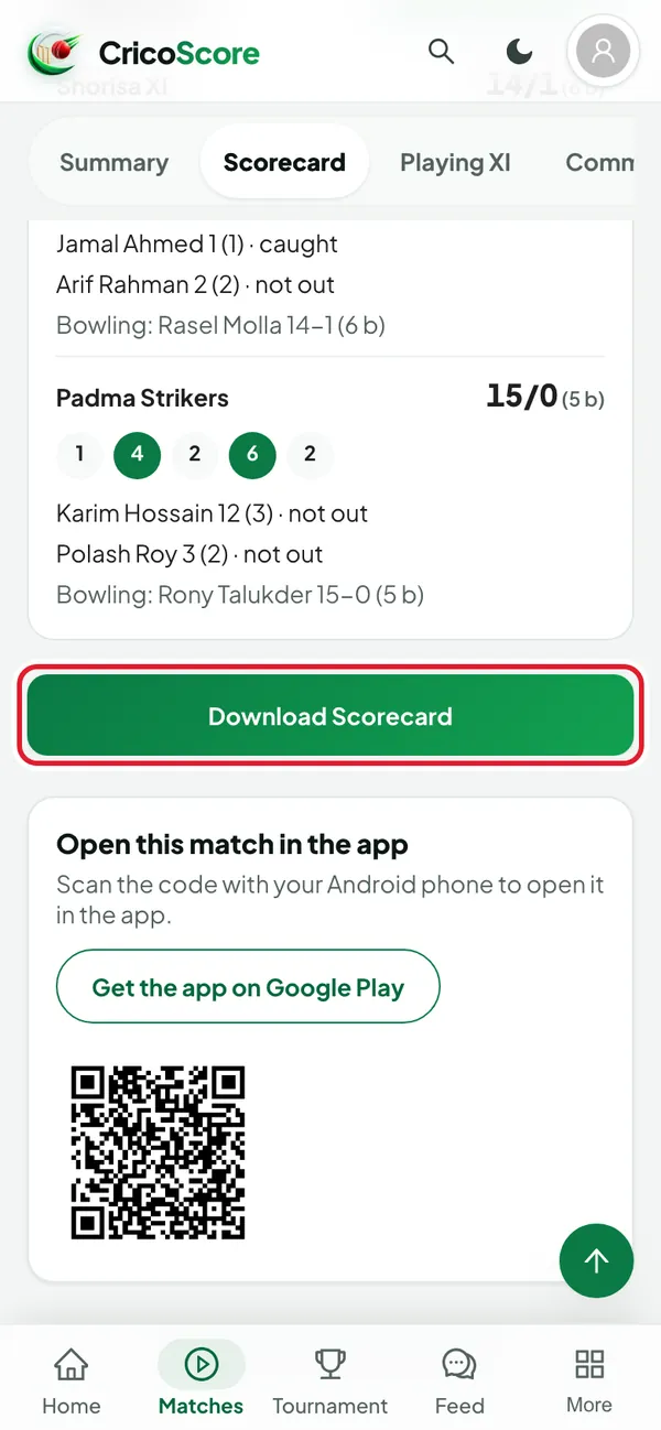 The Scorecard tab of a finished match on a phone, scrolled to the bottom of the scorecard. The Download Scorecard button is circled.